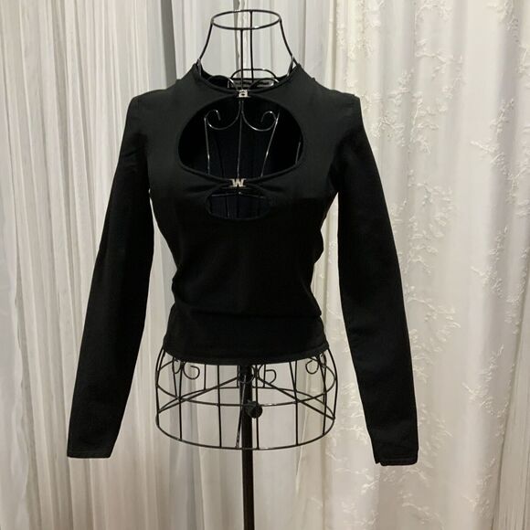 ALEXANDER WANG Black Cutout Crystal-Embellished Stretch-Knit Top Size S